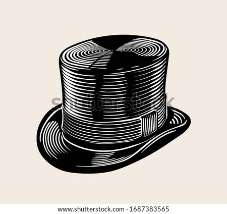 Vintage vector engraved line art illustration of classic top hat. High quality Black and white isolated drawing.