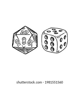Vintage Vector Engraving 6 sided and 20 sided of Dice 