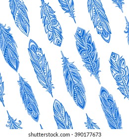 Vintage vector ethnic tribal feather seamless. Bohemian style. 