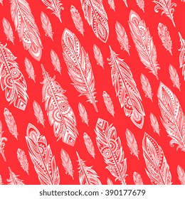 Vintage vector ethnic tribal feather seamless. Bohemian style. 