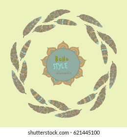 Vintage vector ethnic tribal feather . Bohemian style.