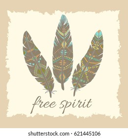 Vintage vector ethnic tribal feather . Bohemian style.