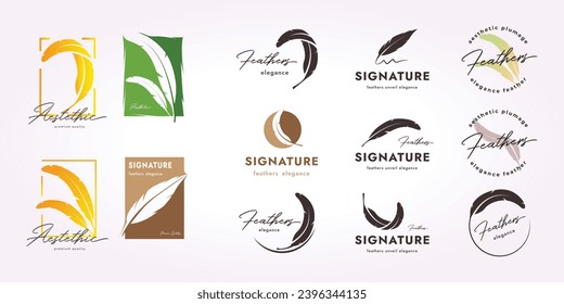 vintage vector feather logo bundle, simple signature icon illustration design set