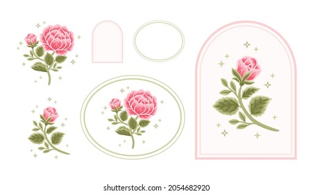 Vintage vector feminine logo design template in trendy minimal style. Pink peony, rose flowers and botanical leaf branch. Emblem, symbols and icons for cosmetics, beauty and handmade products