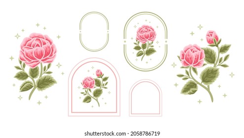 Vintage vector feminine logo design template in trendy minimal style. Pink peony, rose flowers and botanical leaf branch. Emblem, symbols and icons for cosmetics, beauty and handmade products