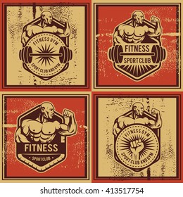 Vintage Vector Fitness And Gym Badge. Bodybuilder Classic Logo And Propaganda Poster Composition. Badge Logo, Emblem, Label. Vintage Design. Vector Illustration