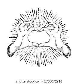 Vintage vector flash tattoo, sticker, patch. Hands folded heart from fingers.