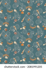 Vintage vector flat illustration. Seamless pattern of seashore, beach, shells, crabs, pebbles. Perfect for prints, books cover, packing paper. Trendy design for interiors, texture, bad linen.