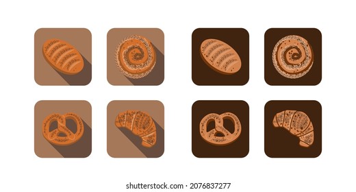 Vintage vector flat illustration. Set of icons with bread, bakery food buns, bagels, croissant, roll bun, pretzel. Signboard design, product list, organic baked goods, shop food, design menu bake