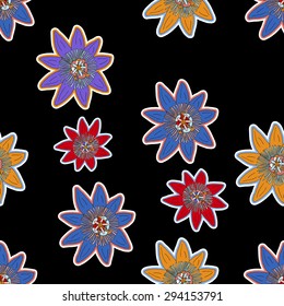 Vintage vector floral background, black modern seamless pattern with cute flowers, colored wrapping paper, trendy baby fashion style, beautiful fabric template, layout for design