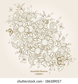 Vintage vector floral background with camomile flowers and butterflies.