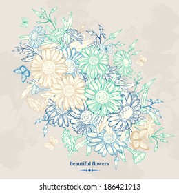 Vintage vector floral background with chamomile flowers and butterflies.