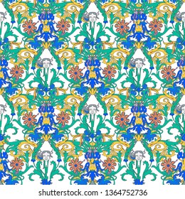 Vintage vector floral border. Seamless pattern, victorian style. Decorative flowers on the dark backdrop. Retro lace ornament. pattern with the face of the muse, the silhouette of a female statue.