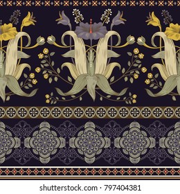 Vintage vector floral border. Seamless pattern, victorian style. 
