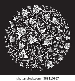 Vintage vector floral circle. Round shape made of silhouette of white flowers with ethnic ornament on black background.  Decorative element for your design
