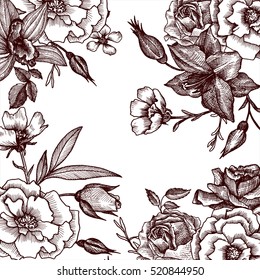 vintage vector floral composition, background in victorian style, template with flowers, buds and leaves, ink drawing, imitation of engraving, hand drawn nature backdrop, invitation or gift card