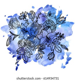 vintage vector floral composition at blue watercolor background, isolated element in victorian style, flowers, buds and leaves of roses, hand drawn illustration