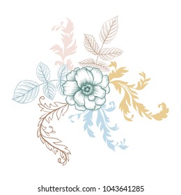 vintage vector floral composition with flower and leaves, imitation of engraving, hand drawn design element