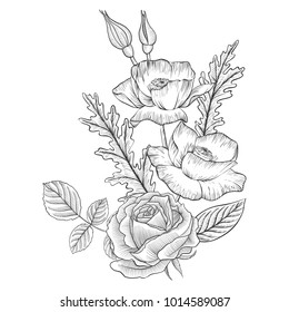 vintage vector floral composition with flowers, buds and leaves of roses and poppies, imitation of engraving, hand drawn design element