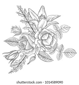 vintage vector floral composition with flowers, buds and leaves of roses and lily, imitation of engraving, hand drawn design element