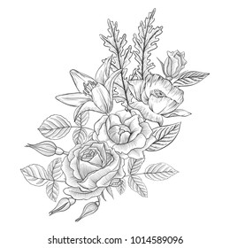 vintage vector floral composition with flowers, buds and leaves of roses and lily, imitation of engraving, hand drawn design element