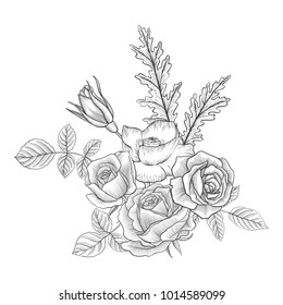 vintage vector floral composition with flowers, buds and leaves of roses, imitation of engraving, hand drawn design element