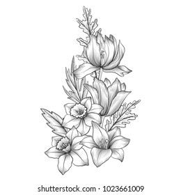 vintage vector floral composition with flowers and leaves, imitation of engraving, hand drawn design element