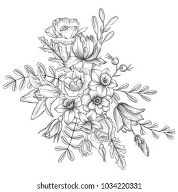 vintage vector floral composition with flowers and leaves, imitation of engraving, hand drawn design element
