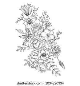 vintage vector floral composition with flowers and leaves, imitation of engraving, hand drawn design element