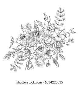 composición floral vectorial vintada con flores y hojas, imitación de grabado, elemento de diseño dibujado a mano