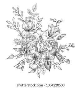 vintage vector floral composition with flowers and leaves, imitation of engraving, hand drawn design element