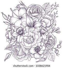 vintage vector floral composition with flowers and leaves, imitation of engraving, hand drawn design element