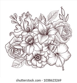 vintage vector floral composition with flowers and leaves, imitation of engraving, hand drawn design element