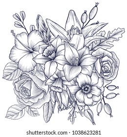 vintage vector floral composition with flowers and leaves, imitation of engraving, hand drawn design element