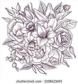 vintage vector floral composition with flowers and leaves, imitation of engraving, hand drawn design element