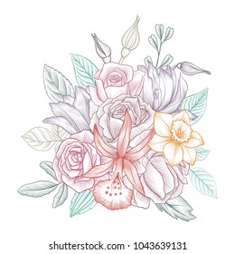vintage vector floral composition with flowers and leaves, imitation of engraving, hand drawn design element