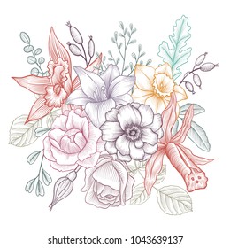 vintage vector floral composition with flowers and leaves, imitation of engraving, hand drawn design element