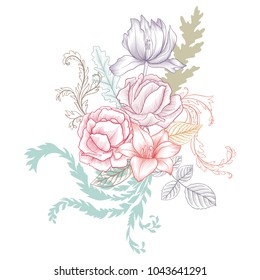 vintage vector floral composition with flowers and leaves, imitation of engraving, hand drawn design element