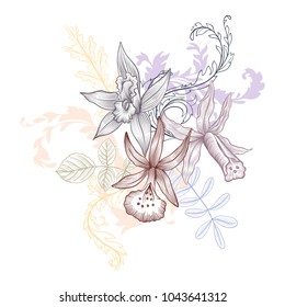 vintage vector floral composition with flowers and leaves, imitation of engraving, hand drawn design element