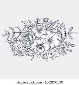 vintage vector floral composition with flowers, buds and leaves of roses, imitation of engraving, hand drawn design element