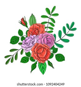 vintage vector floral composition with flowers, buds and leaves of roses, imitation of engraving, hand drawn design element