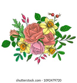 vintage vector floral composition with flowers, buds and leaves of red roses and yellow narcissus, imitation of engraving, hand drawn design element