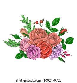 vintage vector floral composition with flowers, buds and leaves of roses, imitation of engraving, hand drawn design element