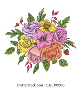 vintage vector floral composition with flowers, buds and leaves of roses and narcissus, imitation of engraving, hand drawn design element
