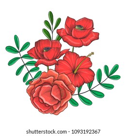 vintage vector floral composition with flowers of red roses, poppies and hibiscus, imitation of engraving, hand drawn design element