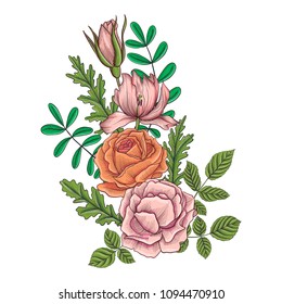 vintage vector floral composition with flowers, buds and leaves of roses, imitation of engraving, hand drawn design element