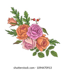 vintage vector floral composition with flowers, buds and leaves of roses, imitation of engraving, hand drawn design element