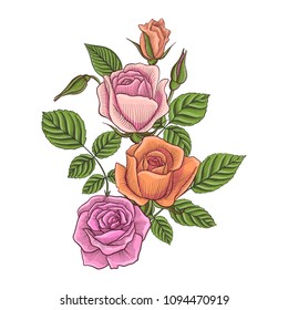vintage vector floral composition with flowers, buds and leaves of roses, imitation of engraving, hand drawn design element