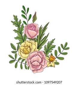 vintage vector floral composition with flowers, buds and leaves of roses, imitation of engraving, hand drawn design element