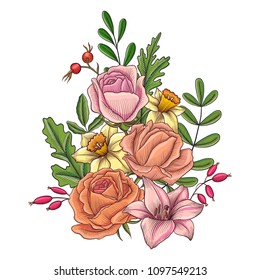 vintage vector floral composition with flowers, buds and leaves of roses, lily and narcissus, imitation of engraving, hand drawn design element